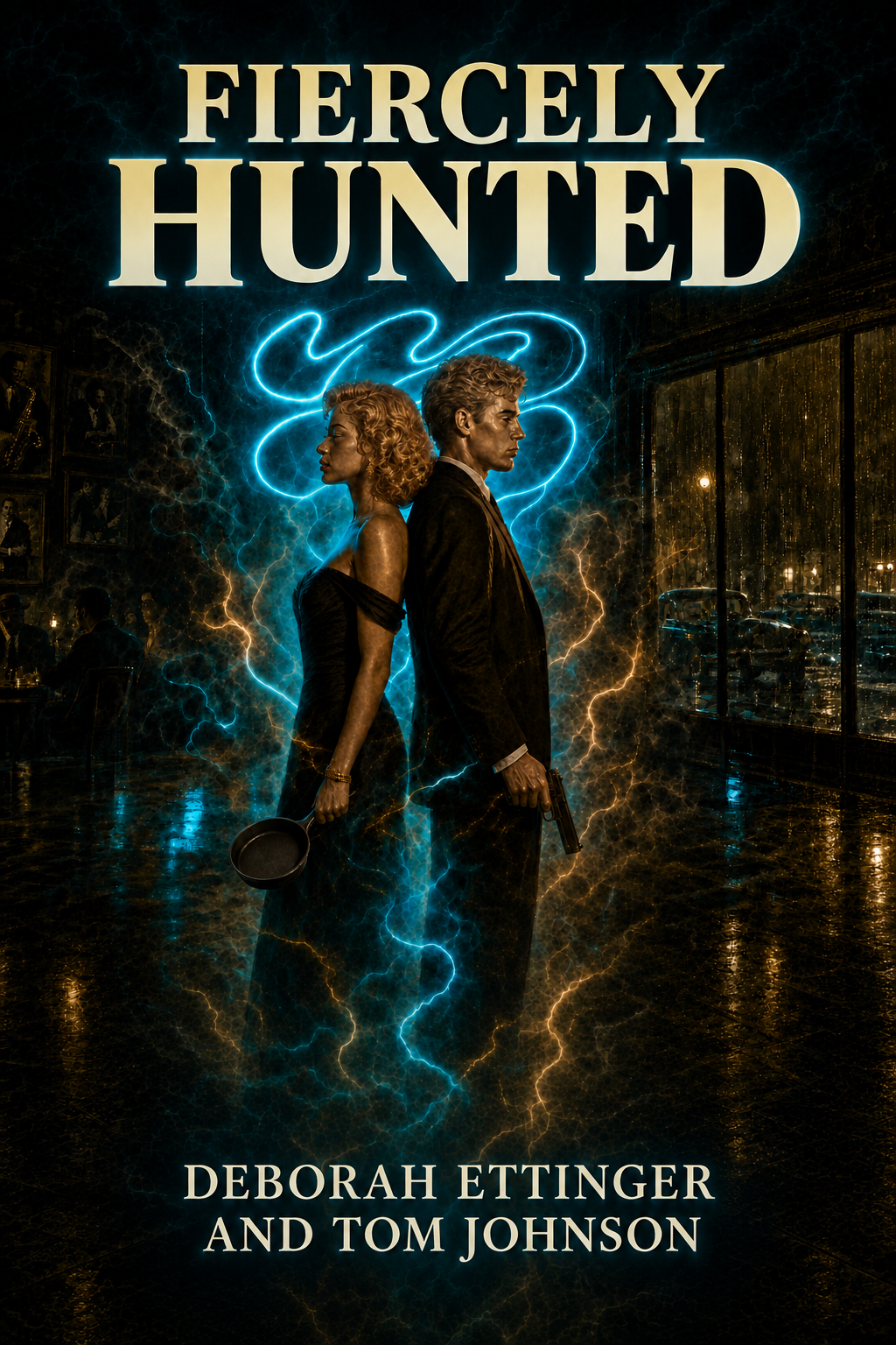 Fiercely Hunted book cover — a couple back to back amid neon and lightning in a rain-streaked speakeasy